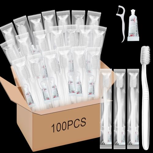 Vesici 100 Sets Travel Kit Toothbrush with Toothpaste and Dental Floss Travel Toothbrush Set Individually Wrapped Toothpaste Bulk Homeless Care Package Supply for Homeless Hotel Shelter Charity