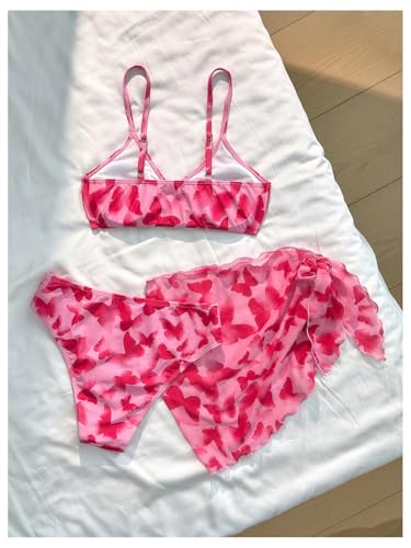 MakeMeChic Girl's 3 Piece Bikini Sets Butterfly Print V Neck Backless Swimsuit with Cover Up Skirt3