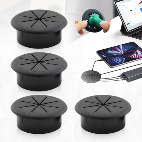4 occhielli da scrivania in plastica, colore nero, con occhiello da scrivania, flessibile, passacavi da 60 mm, passacavi tondi da incasso, occhiello da scrivania, foro per cavo per tavolo scrivania