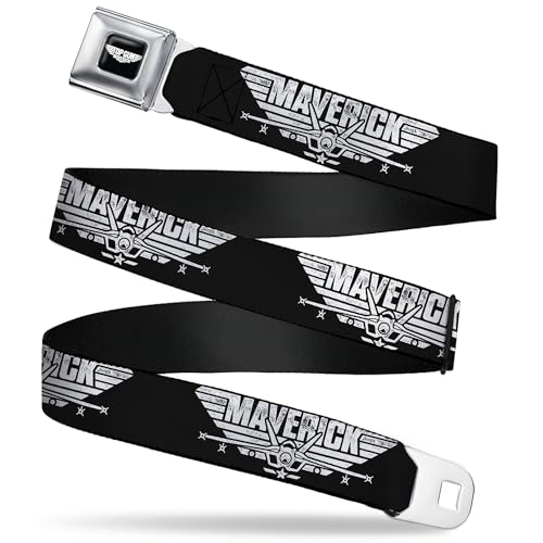 Top Gun Belt, Seatbelt Buckle Belt, Top Gun Maverick Fighter Jet Logo Weathered Black White, Youth 20 to 36 Inches