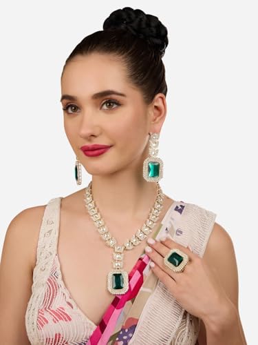 Image of Ami Green Statement Stones Austrian Diamonds Lotus Design Necklace Earring and Ring Set For Women-ZPFK19783