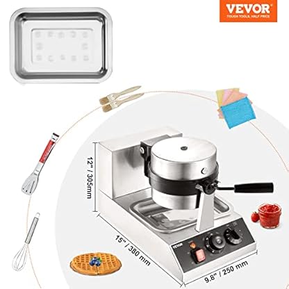 VEVOR Rundes Waffeleisen Waffel 1300 W, Kontaktgrill Belgische Waffeleisen 4 Stk. Edelstahl Waffeln Automat inkl. Lebensmittelclip & Bürsten & Verbrühungssicherer Griff, für Cafés, Restaurant usw. – Bild 8