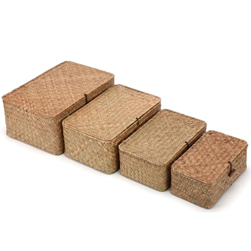 4-Piece Seagrass Storage Basket Set with Lids, Woven Rattan Organizer Bins for Home Decor, Multi-Size Natural Fiber Boxes for Shelves, Living Room, Bedroom & Bathroom Organization