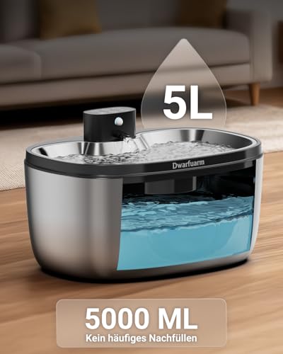 5L Trinkbrunnen für Hunde, Edelstahl Hundebrunnen mit LED Sensor, Katzenbrunnen Kabellos mit 4000mAh, 4-Schicht Filtration (Edelstahl, 5L)