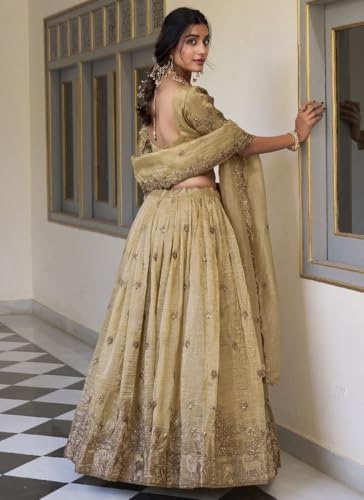 Image of JIHU CULTURE Beige Silk Thread Sequence Embroidery Work Semi-Sttiched Lehenga Choli Set For Women