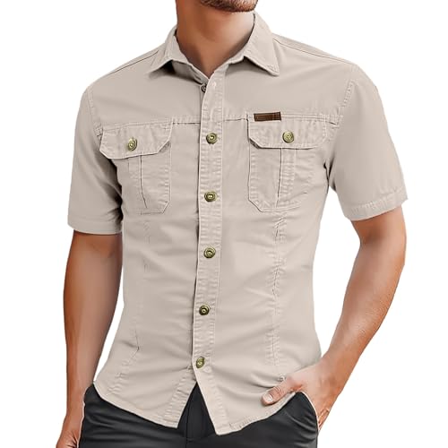 Generisch Camisa cargo para hombre, manga corta, informal, monocolor, safari, camisa de trabajo con bolsillos en el pecho, camiseta de verano, informal, con botones, camisa de manga corta con botones