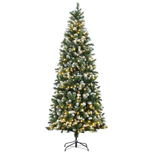 HOMCOM Árbol de Navidad Artificial Altura 230 cm con Luces LED Árbol de Navidad Estrecho con 1051 Ramas 45 Piñas Base Abatible y Polvo Brillante Ø100x230 cm Verde
