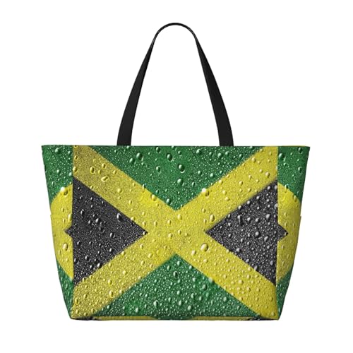 Jamaica Flag Painted On Metal Surface Covered With Rain Drops Beach Bag Women Tote Bag Pool Bag With Zipper For Gym Grocery Travel With Wet Pocket2