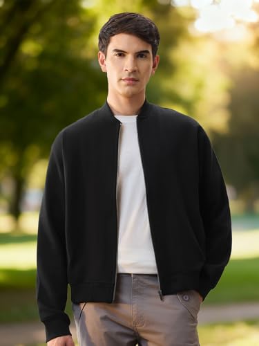 Image of Nobero Men's Premium Fleece Bomber Jacket | 280 GSM Fabric | Regular Fit Zip-Up Outerwear | Shirt Collar | Ribbed Cuffs & Hem | Casual Winter Layering Jacket