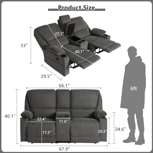 YOCONYO Home Theater Seating, RV Theater Seating, Fabric Manual Loveseat with 4 Cup Holders, 2 Seater Theater Couch,RV Recliners for Travel,Gray