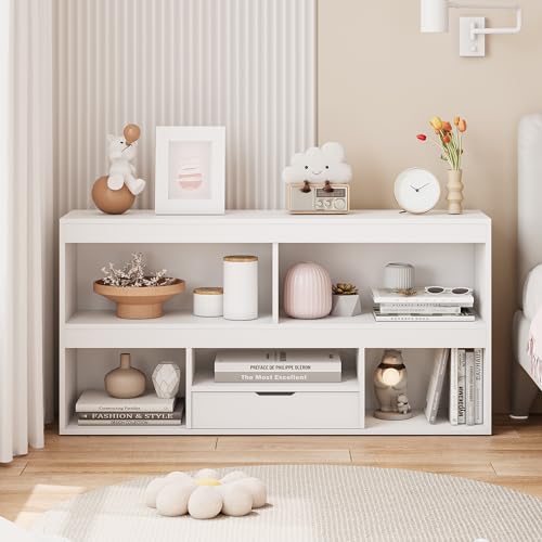 GarveeHome Kids Bookshelf with Drawer Nursery Bookcase Wooden Toy Storage Organizer Playhouse Storage Shelves White Book Shelf for Playroom, Classroom, Nursery, Kids Room