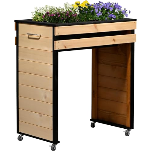 dobar® Hochbeet Wheely Gr. M für Rollstuhlfahrer - Pflanzkasten aus Holz aus Rollen mit Pflanzkübel - Kräuterbeet für Indoor und Outdoor - Balkon-Hochbeet, Natur