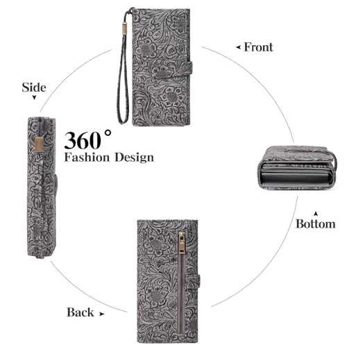 Image of Wristlet Wallet for Women Leather Clutch Purse Trifold Card Holder RFID Blocking Large Capacity Grey