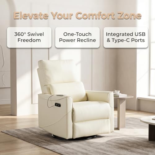 Image of Leather Power Swivel Rocking Recliner Chair, Electric Lazy Boy Reclining with Home Theater Seating, 360 Swivel Oversized Recliner Chair for Living Room, Bedroom, Reading, Beige