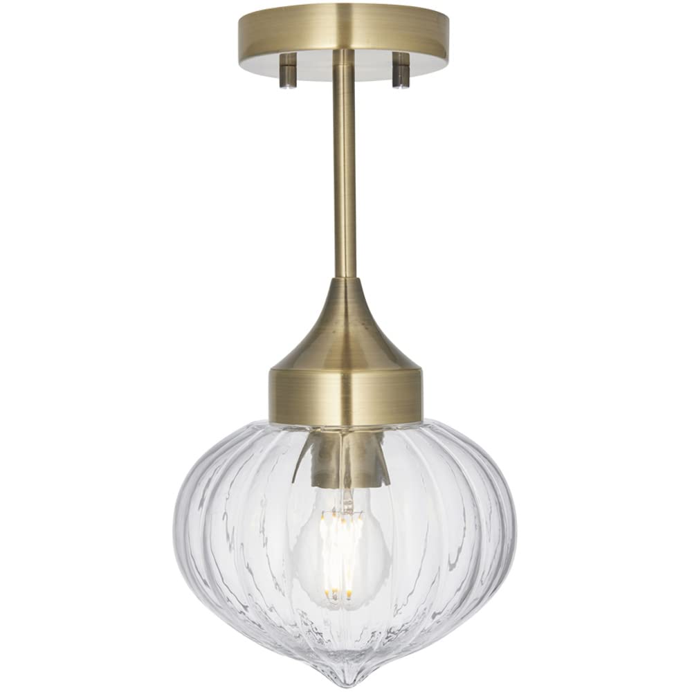 Antique Brass Semi Flush Ceiling Light - Ribbed Glass Shade - Dimmable