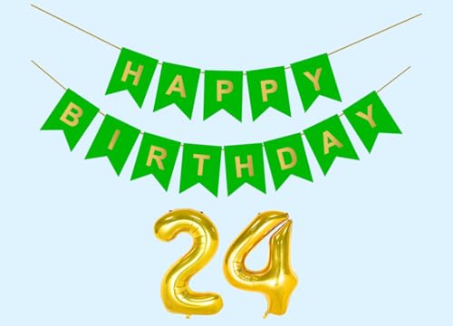 Image of 24th Happy Birthday Decoration Kit Green for 24 year Old Boys Girls Men Women with Number Twenty-four Party Decorations Decor Celebration Items Item Set Combo Reusable Paper Banner
