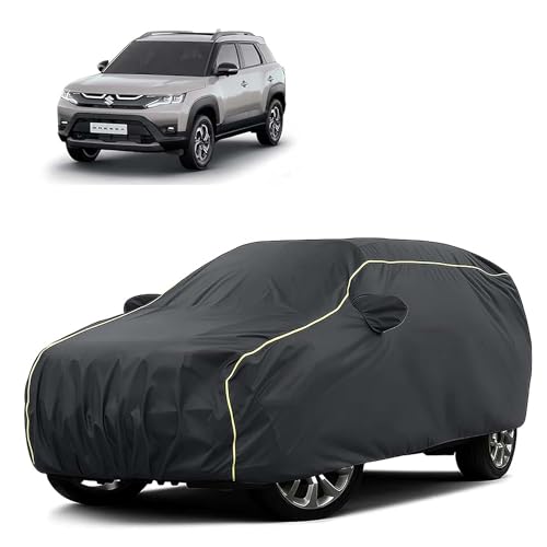 Image of Sulfar 100% Water Resistant Car Body Cover Compatible with Mirror for Maruti Suzuki Breeza (Triple Stitched, Full Bottom Elastic, Dark Grey Tafetta with Yellow Piping)