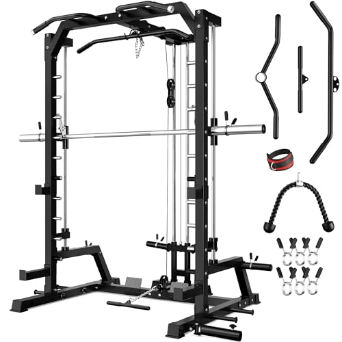 JELENS SR01 Smith Machine 2000LBS Multi-Function Power Cage with LAT Pulldown System All-in-One Home Gym Squat Rack with Smith Bar and Training Attachments (Black SR01 Smith Machine)