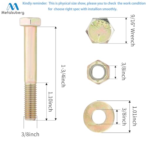 Image of 3 /8 inch x 1-3 /4 inch Hex Head Bolt by Color Galvanization with Nylon Lock nut and Large Size Washer Assortment Kit,Alloy Steel,Grade 5.(8pcs Pack),by Metalsuberg.