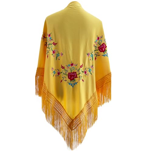 Yusons Mantón de Manila Mujer de Pico en Triángulo, Mantones de Flamenca Bordado en Flores, Mantoncillos de Flamenca de Flor (Amarillo)
