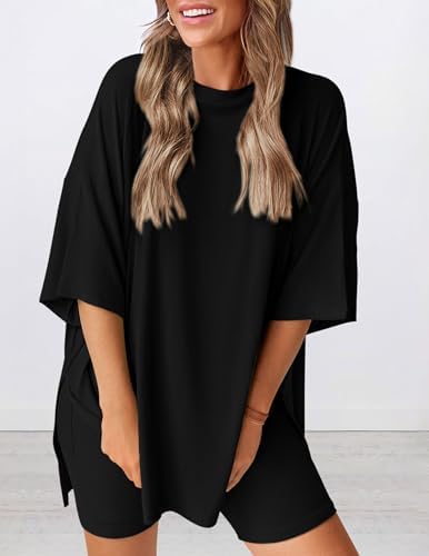 PRETTYGARDEN Women's Two Piece Lounge Set 2026 Summer Casual Oversized Shirts Biker Shorts Matching Airport Travel Outfit (Black,Large) - 2