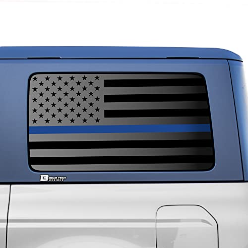 Image of BOGAR TECH DESIGNS Precut Quarter Window American Flag Vinyl Decal Sticker Compatible with Ford Bronco 2021-2026 4 Door, Thin Blue Line