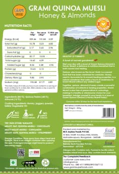 Image of Grami quinoa muesli honey and almonds with high protein | 100% natural millet based complete nutrition muesli | with 68% Quinoa flakes and 12% almonds | Sweetened with honey | Breakfast cereal for energy and improving strength | with no added artificial preservatives or colour | 500g