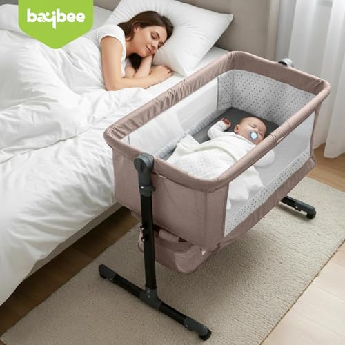 Image of BAYBEE Bedside Crib Cradle for Baby | Bassinet for New Born with 2 Height Adjustable & 360 Wheels | Babies Cot with Mosquito Net & Storage Box | Baby Cribs & Cots for 0 to 2 Years Boys Girls (Beige)