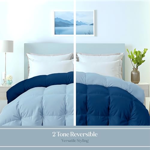 Image of ROYALE LINENS Reversible Comforter - King Size Duvet Insert - All Season Soft Quilted Comforters with 8 Corner Tabs - Down Alternative Bedding Comforter - Duvet Insert (Navy /Lake Blue, King 90 inchx102 inch)