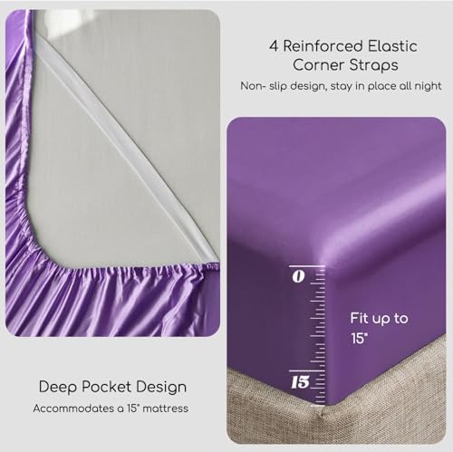 Image of MR&HM Satin Bed Sheets, King Size Sheets Set, 6 Pcs Silky Bedding Set with 15 Inches Deep Pocket for Mattress (King, Lavender)