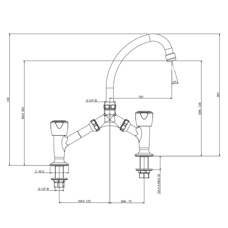 Mélangeur en pont, 2 trous, pour lavabo, entraxe 120 à 240cm