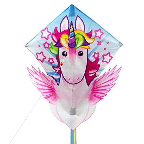 EOLO Kites Ready 2 Fly Kids’ Pop-Up Diamond Shape Kite, Unicorn, 22” Wingspan, Patented System, Assembles in Seconds, Performance, Ripstop Construction, Sturdy Fiberglass Frame, Ages 4+