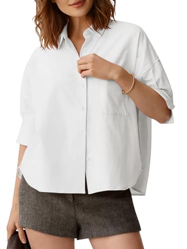 MAOECO Women's Button Down Shirts Half Sleeve V Neck Business Casual Tops