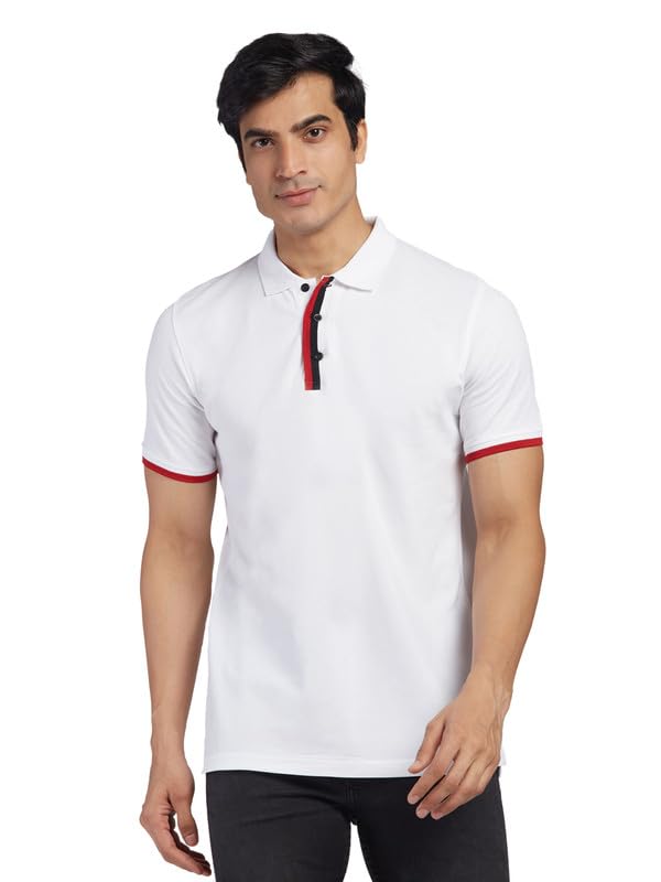 KINGDOM OF WHITEConverge Black & Red Striped Polo Neck Cotton White T-Shirt | 100% Cotton | Distinctive Contrast Collar & Cuff | Perfect for Casual Days, Brunches & Outdoor Events