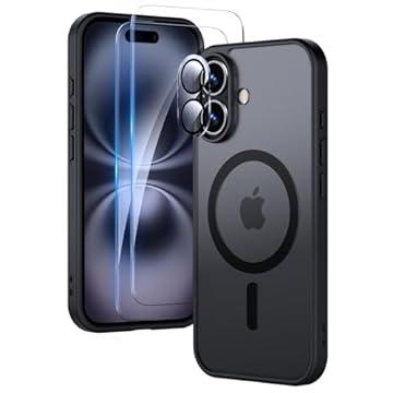 Yohii Cover Magnetica per iPhone 16 con 2 Vetro Temperato e 1 Pellicola Protezione Fotocamera, Compatibile con Mag-Safe, Traslucido Opaco Retro Antiurto Custodia, Nero