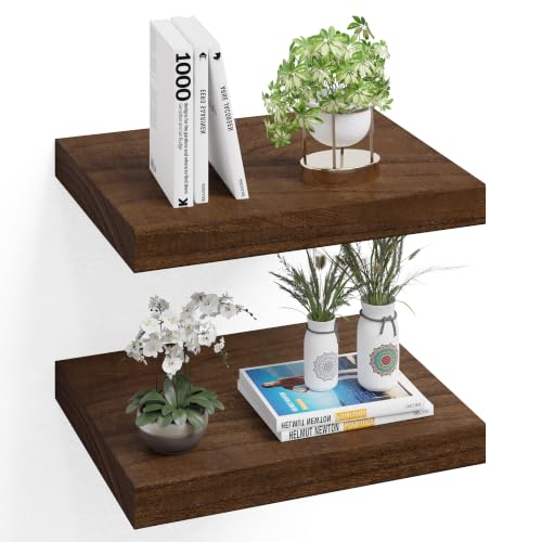 Image of 16 inch Wall Floating Shelves, Set of 2, Walnut Finish | 16 inchL x 12 inchD x 1.8 inchH, Set of 2, Solid Paulownia Wood, Walnut Finish, Hidden Brackets, Hardware Included