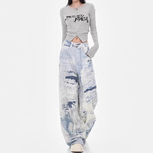 Women's Fashionable Casual Pants American y2k Loose Retro Blue and White tie dye Slim Straight Leg Jeans2