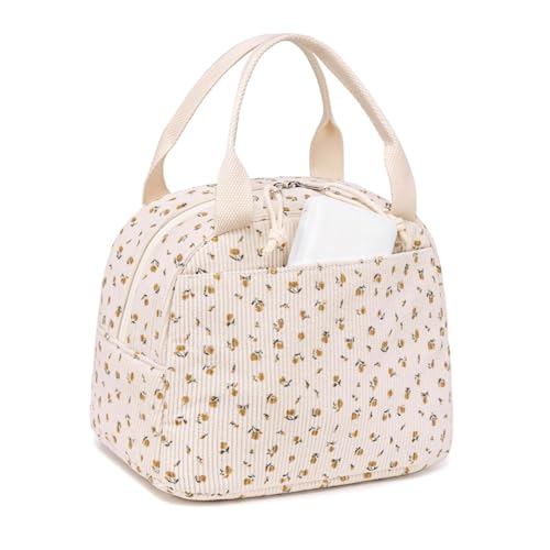 KOSLEOW Bolsa Térmica Comida Trabajo 9L para Mujer, Bolsa Porta Alimentos Isotérmica de Pana con Bolsillo Delantero, Nevera de Tela para Oficina, Colegio, Picnic