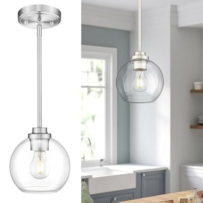 JAZAVA Globe Pendant Light Fixture, Modern Brushed Nickel Hanging Light with Clear Glass for Kitchen Island Dining Room Bedroom Hallway Foyer (1 Pack), PL101BN