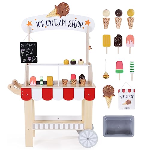 labebe Wooden Ice Cream Cart for Kids Toddler Ice Cream Truck Pull-Along Pretend Play Stand for 3-8Y Children Role Play ice cream toy Trolley with Blackboard ringbell Ice-lolly for 36M+ Girls Boys