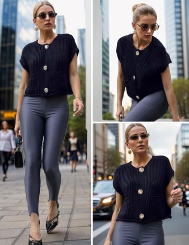 Image of Wyeysyt Womens Sleeveless Crop Knit Cardigan Casual Button Down Cropped Knitted Sweater Vest with Pockets(Navy-L)