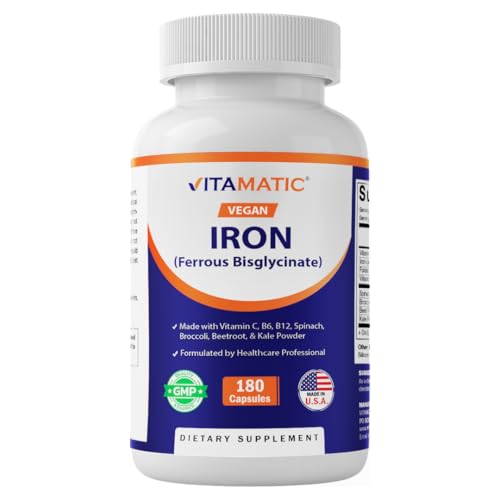 Vitamatic Vegan Iron with Vitamin C B6 B12 & Folic Acid | Plus Spinach Broccoli Beetroot & Kale | 180 Capsules | Non-GMO Gluten-Free Sugar-Free | Made in USA