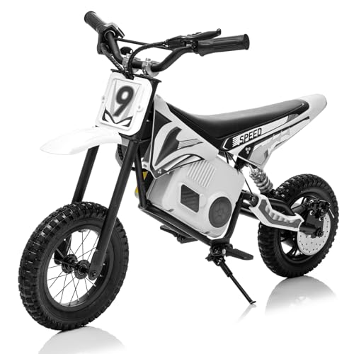 KerryYoo C11 24V 250W Electric Dirt Bike for Kids, Up to 9.3MPH Off-Road Electric Motorcycle with Explosion-Proof Tires, Twist Grip Throttle, Spring Suspension,Kids Ride On Dirtbike - White