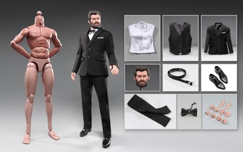 RoofWorld 1/6 Scale Action Figure, 12 inch Muscle Male Soldier Old Logan Black Suit Wolf Flexible Action Figure Doll Full Set Collection