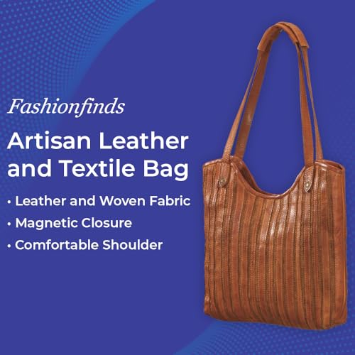 SAGEFINDS Genuine Leather and Textile Artisan Shoulder Bag, Women’s Purse with Magnetic Snap Closure, Cognac Brown Handbag with Multiple Pockets2