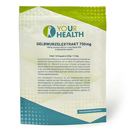 uHealth Gelbwurzelextrakt 750 mg – 120 Kapseln, Curcuma Longa – Kurkuma Kapseln vegan und frei von Farb- und Konservierungsstoffen, 5.99