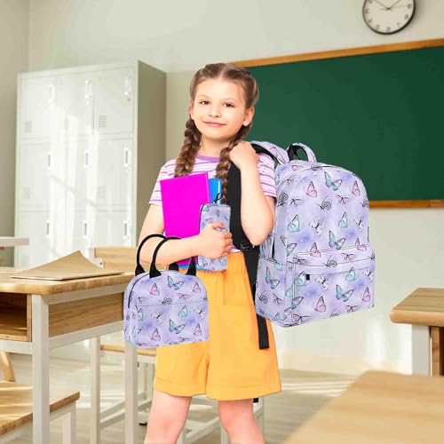 Image of Butterfly Printed Backpack Set for Girls Kids, 3Pcs Bookbag with Pencil Case for school, 17 Inch Lightweight Laptop Backpack with Lunch Bag for Women Teens Office, High School