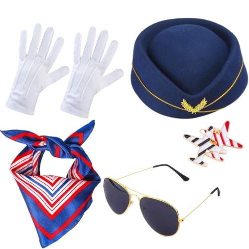 SSKHE Disfraz profesional de asistente de vuelo de 4 piezas, disfraz de carnaval temático para mujer, conjunto único con sombrero, guantes y broche, adecuado para actividades de carnaval de rol