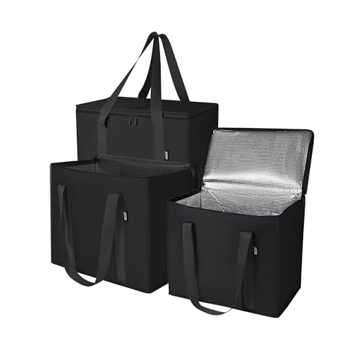ORILUME 3-Pack, XL Insulated Grocery Bags with Zippered Top, Oxford Fabric Collapsible Cooler Bag for Frozen Food, Heavy Duty Reusable Shopping Bags Collapsible Thermal Tote for Hot Storage （Black）