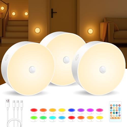 Image of WANIDEA Under Cabinet Lights 3 Pack, Rechargeable LED Dimmable Puck Lights with Remote Control, Touch Tap Light for Kitchen, Cabinet, Closet, Counter